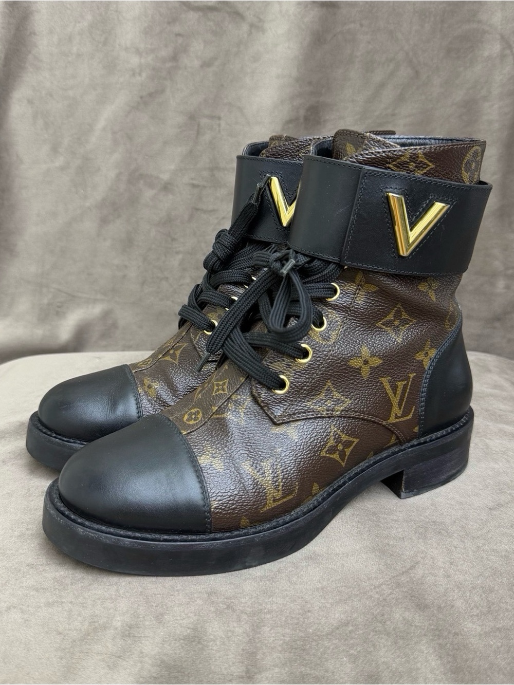 Louis Vuitton Brown Monogram & Black Leather Ankle Boots with Gold V
